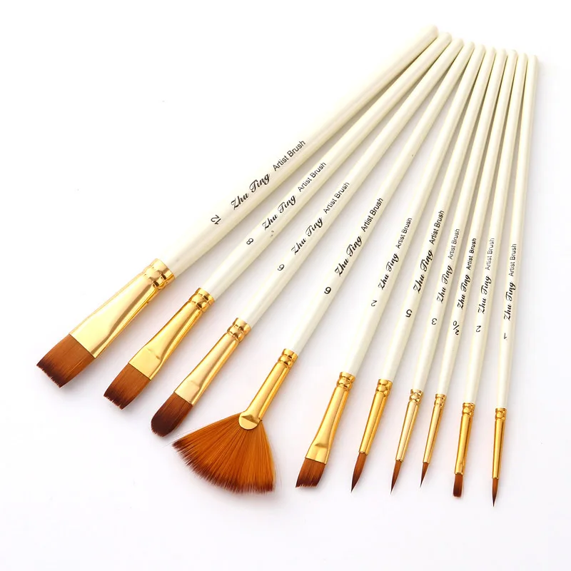10Pcs Paint Brushes Set with Fan Artist Brush Professional Nylon Tips Wooden for Acrylic Oil Watercolor Miniature Rock Painting