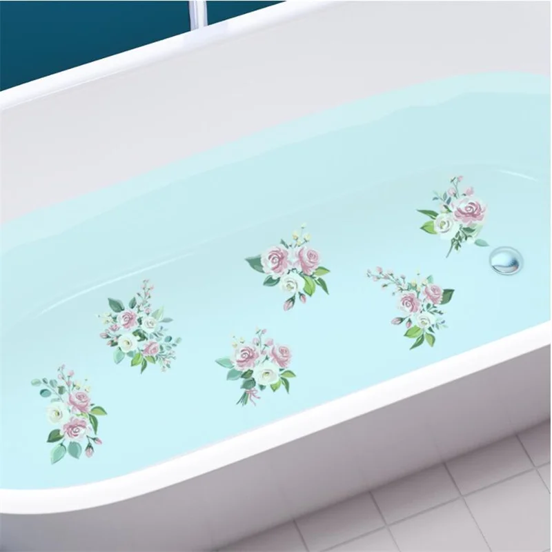 6PCS Anti Slip Cartoon Plant Flower Bathtub Wall Stickers for Children's Self-Adhesive Removable Bathroom Decoration Art Mural