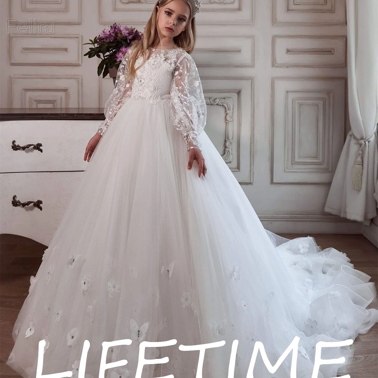 

White Butterflies Lace Flower Girls Dresses Little Toddlers Wedding Dresses Backless Child Princess Communion Pageant Gowns