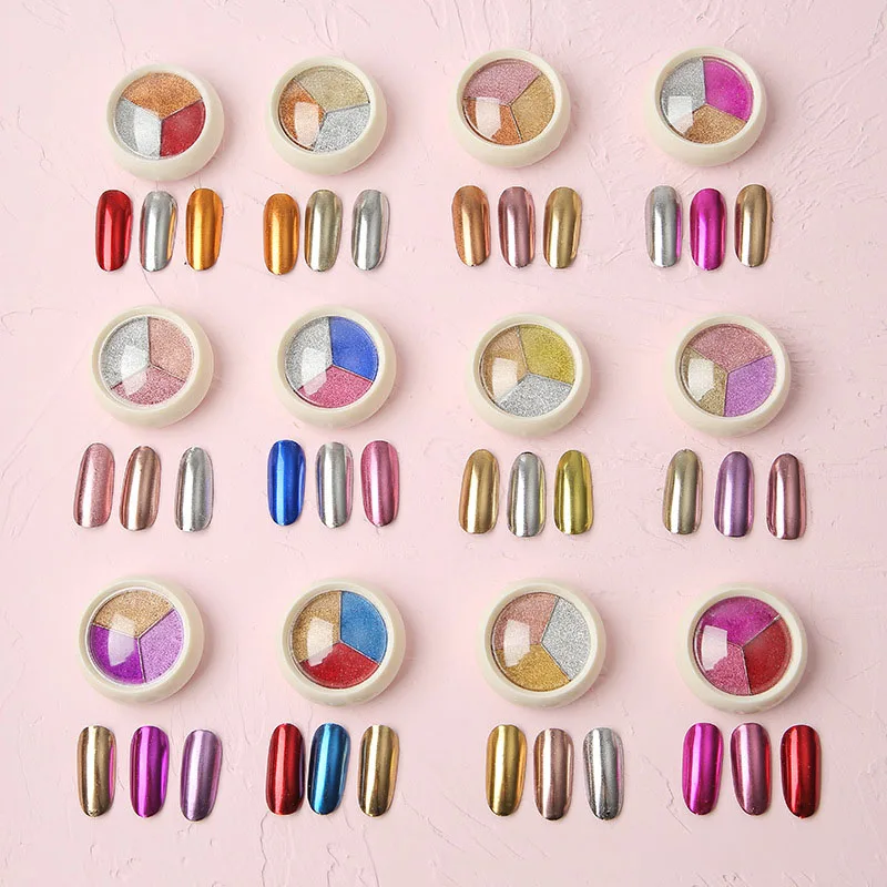 3 Colors Metallic Mirror Chrome Nail Powder Rose Gold Champagne Nail Powder Holographic Pigment Chameleon Glitters Manicure DIY
