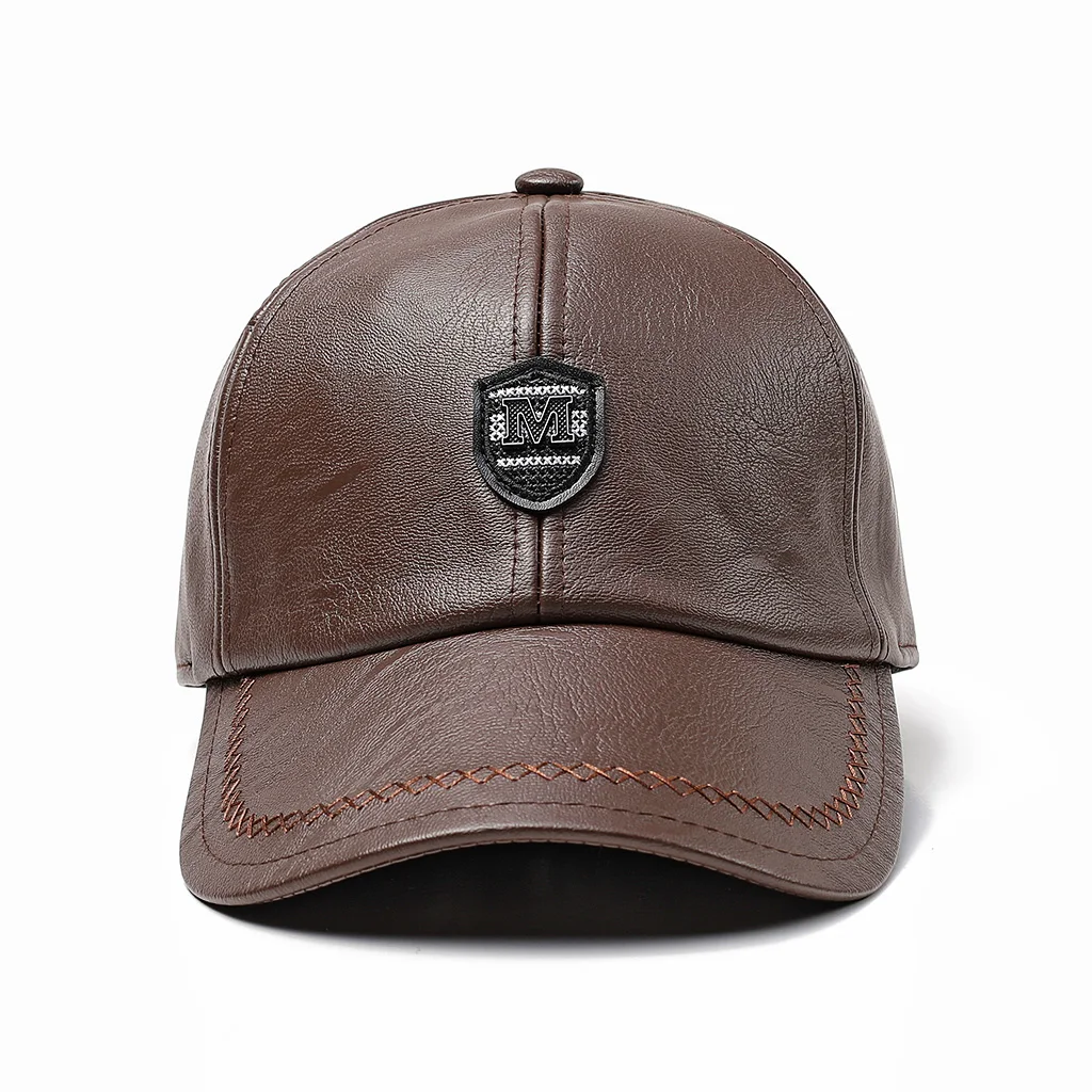 2024 New Style Men Cowhide Hat Winter Warm Outdoor Protect Ear Real Leather Adjustable Baseball Cap Men Real Cowhide Leather Cap 3
