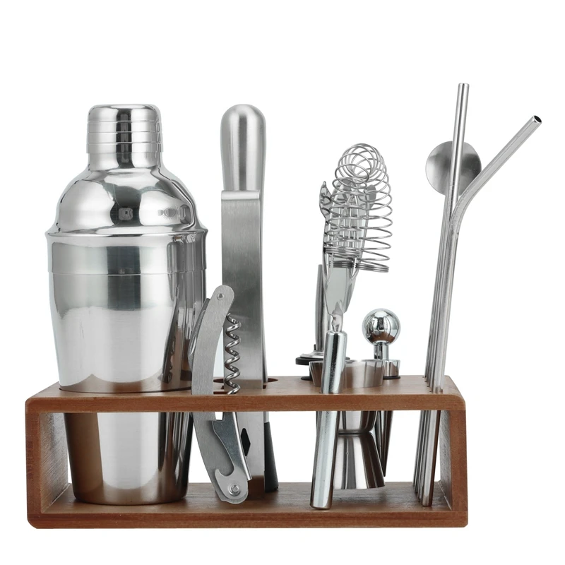 

HOT SALE 13 Piece Barware Tool Sets, Professional Cocktail Shakers Set Stainless Steel Bar Tools With Bamboo Stand