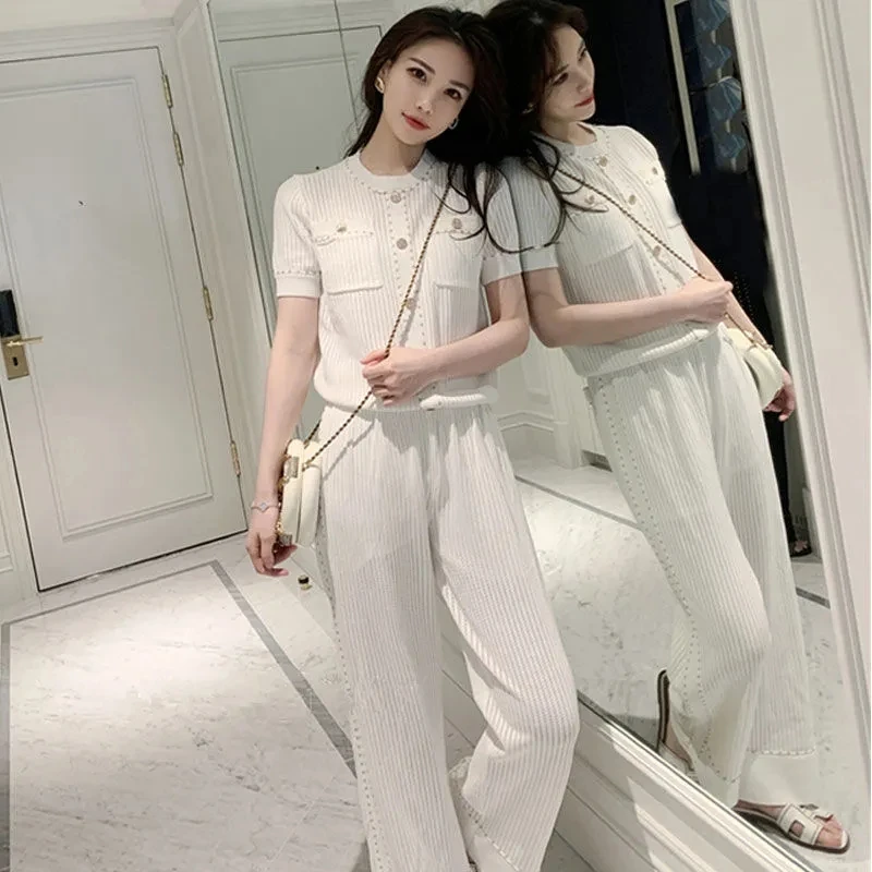 korean-fashion-ice-knitted-suit-summer-trend-casual-short-sleeve-pullover-top-elastic-waist-straight-pants-two-piece-set-women