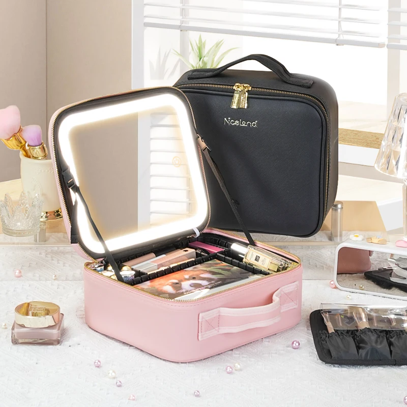 3 Color Train Mirror, White Portable Makeup Waterproof Organizer With Adjustable Dividers, Cosmetics Storage Case Gift_voghion.com