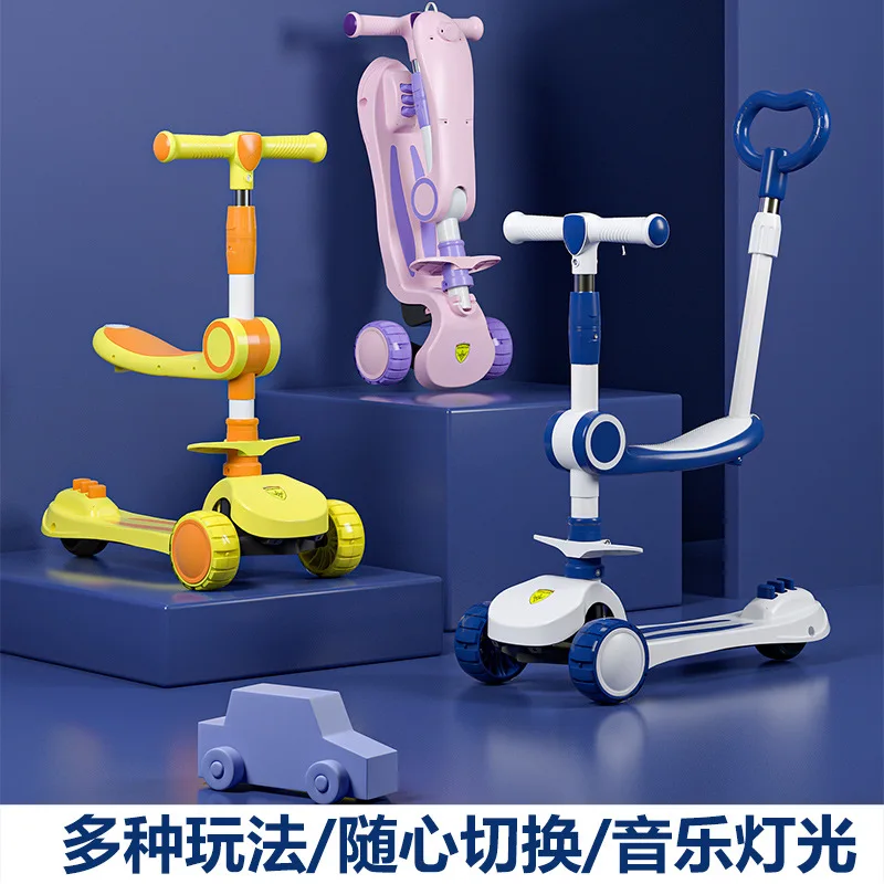 3 Wheel Scooter Portable Rotating Seat Flashing 2-12 Years Old Kids Scooter Music Light for Game Activity Yard Outdoor Playing