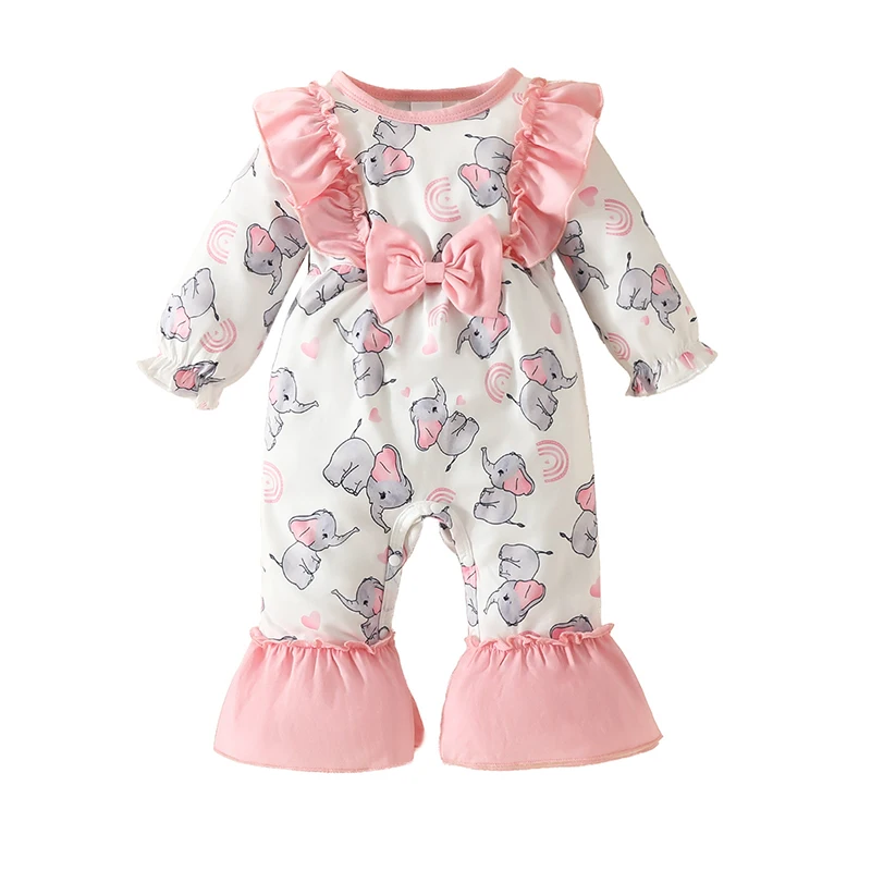 

Baby Girl Clothes Elephant Ruffle Bow Casual Fitted Bodysuit Long Sleeve Flared Jumpsuits 0-18 Months Newborn Baby Romper