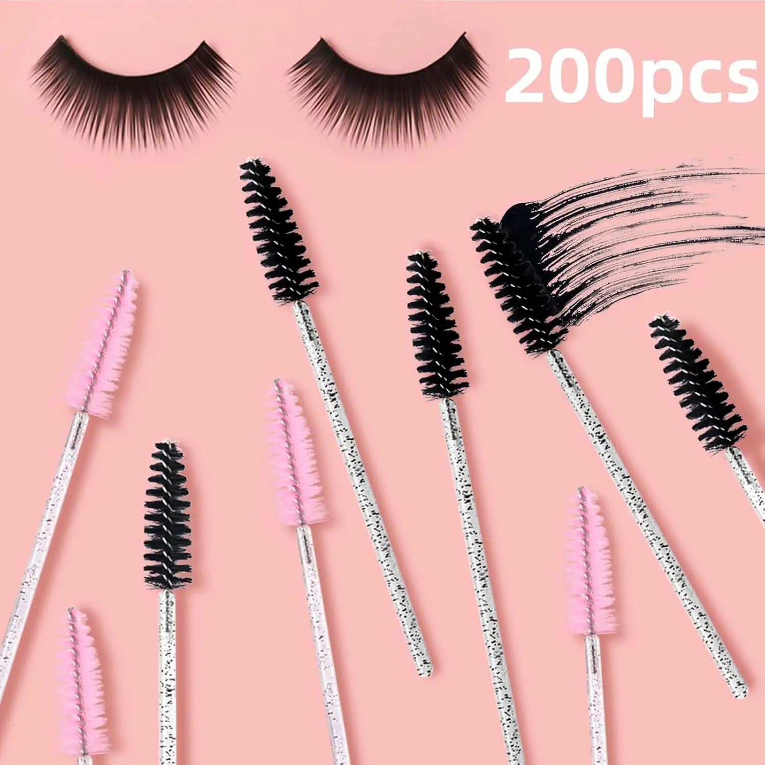 2026 트렌드 200개입 일회용 마스카라 봉 - 속눈썹 스풀리, 속눈썹 연장 및 메이크업 정리용 크리스탈 눈썹 브러쉬