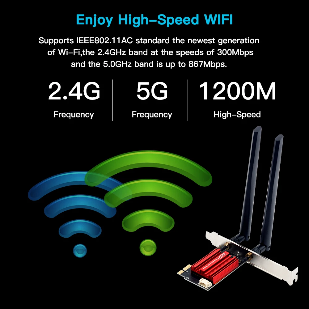 WiFi 5 AC1200 PCI-E 무선 어댑터 네트워크 카드 BT 4.0 듀얼 밴드 2.4G/5GHz 802.11AC Windows 7/8/10/11 용 데스크탑 노트북 PC