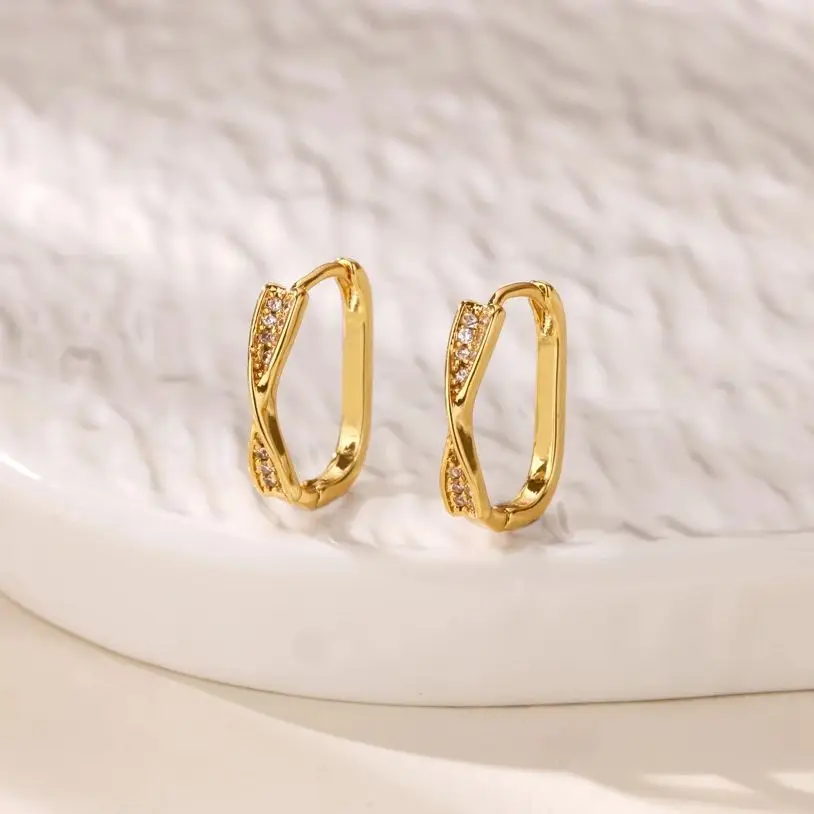 Classic Zircon Twist Hoop Earrings Gold Color Stainless Steel Cross Shape