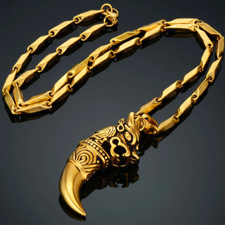 Punk Rock Dragon Wolf Tooth Pendant & Chain Male Gold Color Stainless Steel Amulet Necklace Men Cool Animal Jewelry Gift fang tooth necklace stainless steel pendant necklace