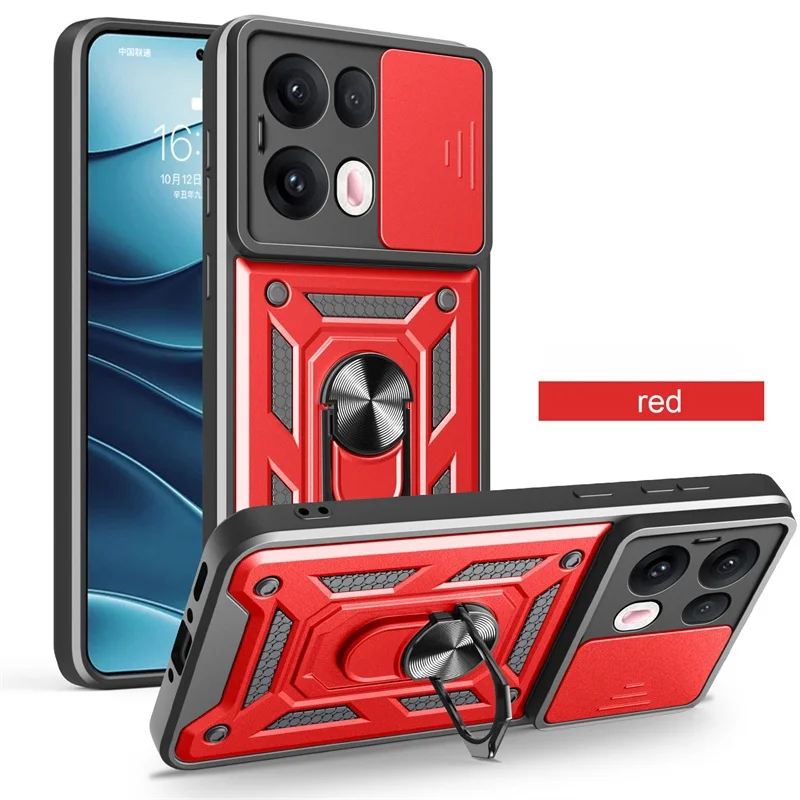 Shockproof Armor Case with Ring Holder and Slide Lens Protection Cover