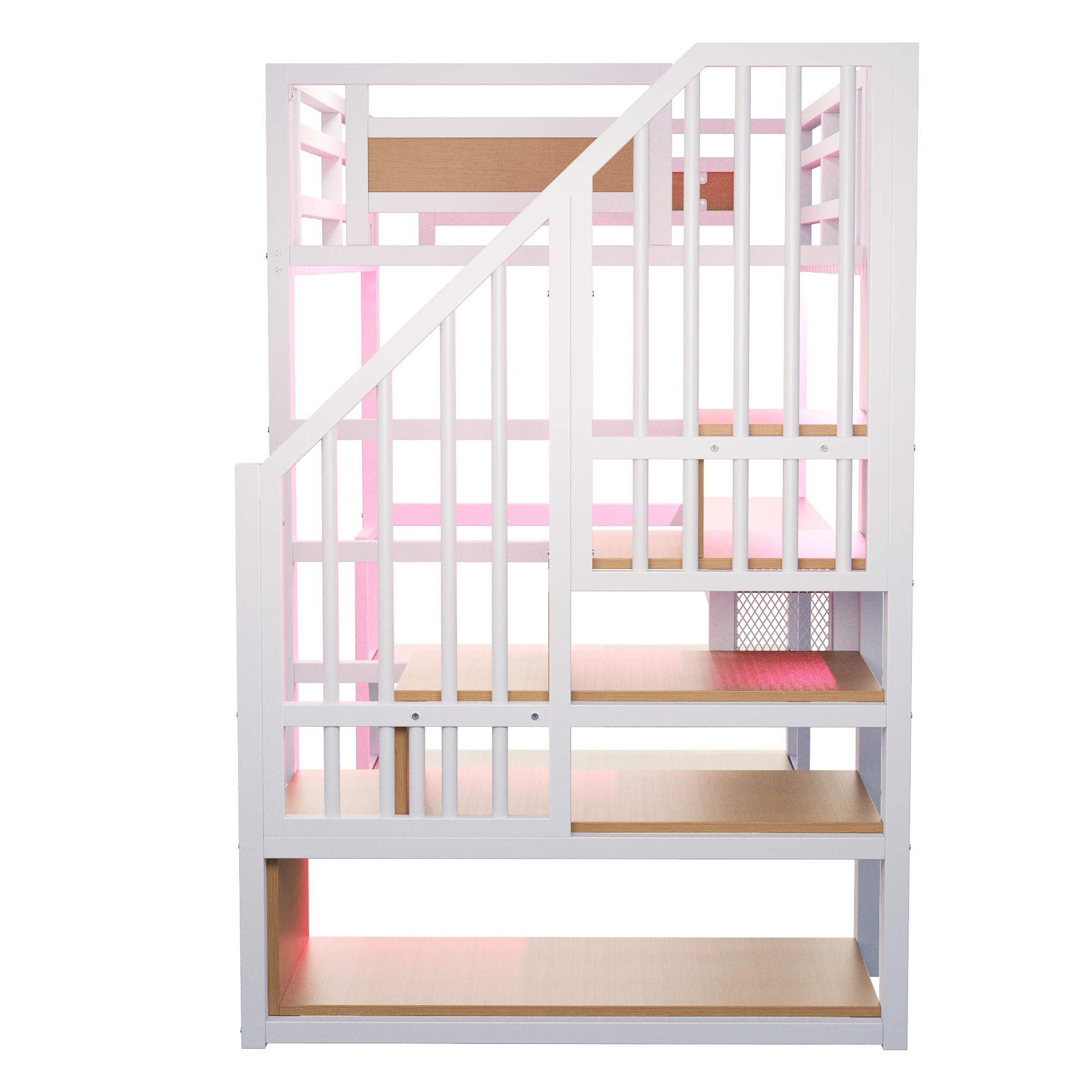 90*200 Metall-Hochbett mit LED-Lichtleiste und Steckdose, mit Aufbewahrungsleiter, Regalen und Tisch, Sicherheitsgeländer-Design – Detail 14