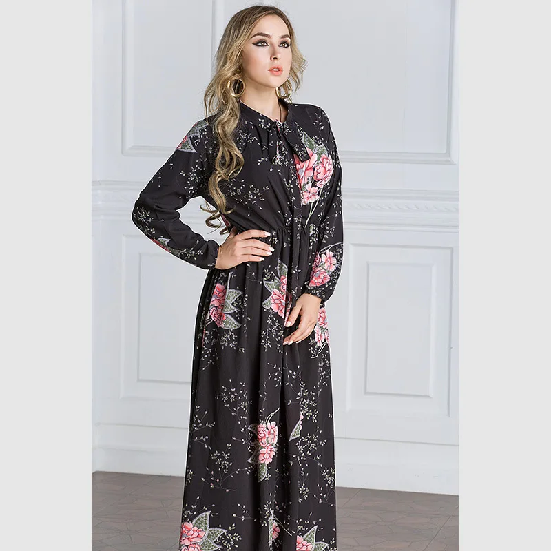 

2023 Muslim New Plus Size Chiffon Long Sleeve Print Cinchin Waist Swing Floor Dress