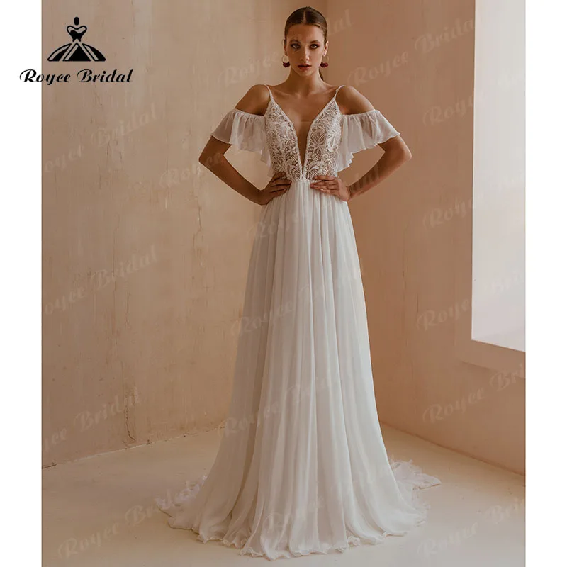 

Off the Shoulder Wedding Dress Lace Spaghetti Straps Chiffon Open Back Deep V Neck Sweep Train Custom Made Bridal Gown Vestido