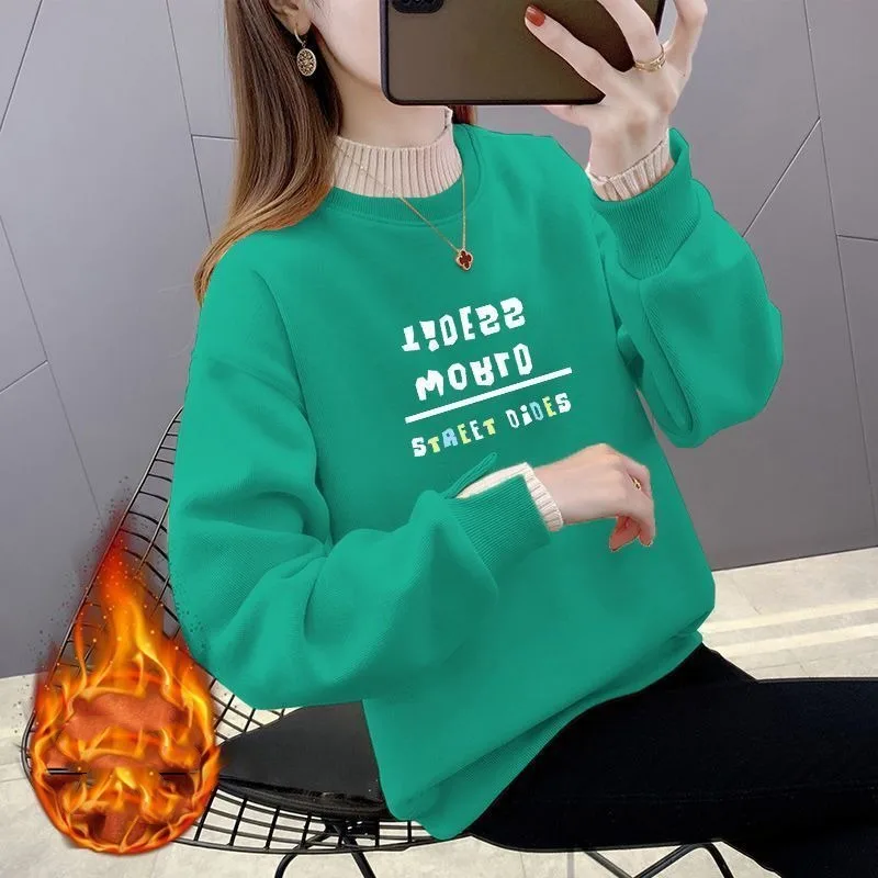 Women's Solid Color Pullover Ruffles Patchwork Printing Sweatshirts Autumn and Winter Korean Half High Neck Long Sleeve Tops