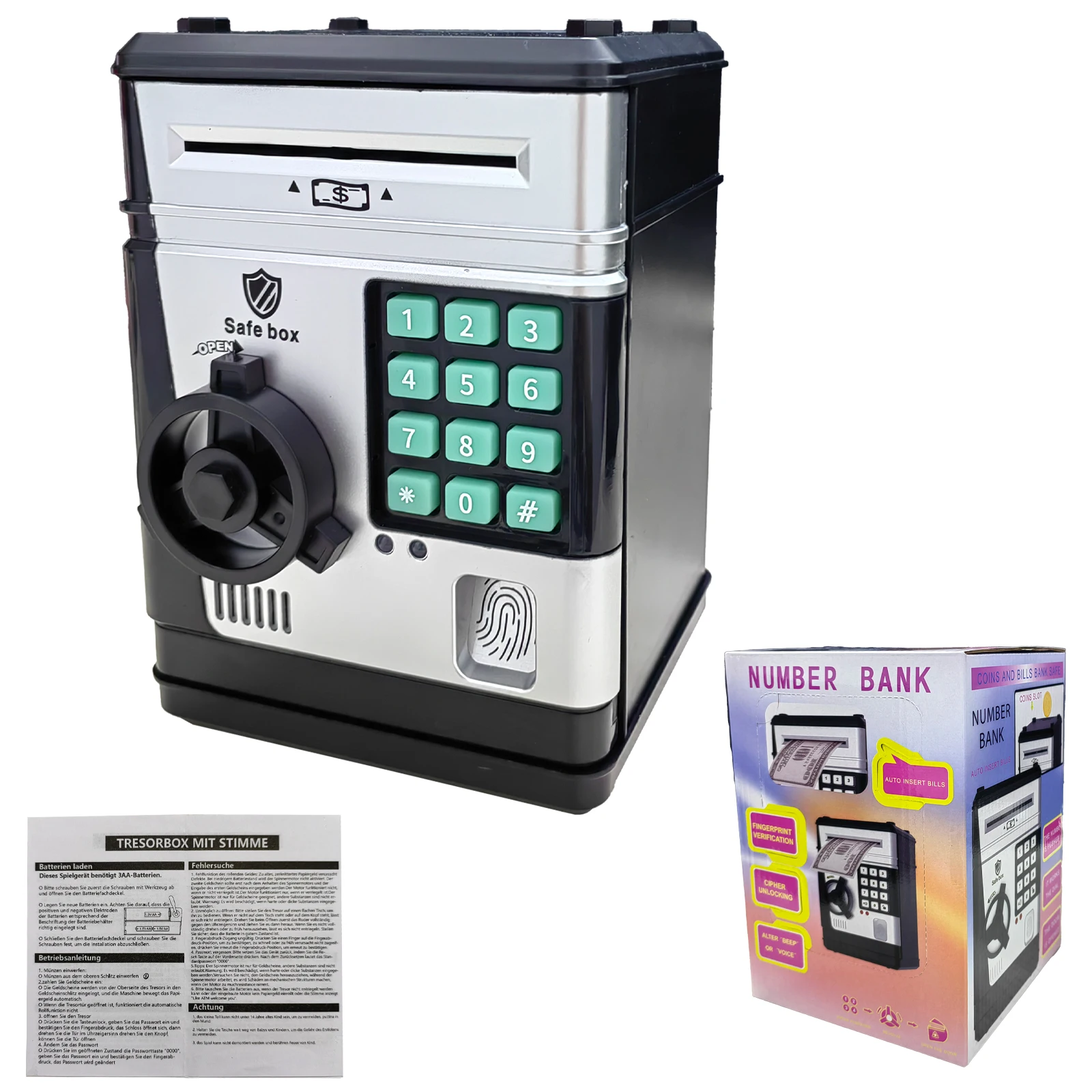 Cash Coins Bills Saving Piggy Bank Box Safe Number Fingerprint Smart Password Box Automatic ATM Machine Bank Toy for Children