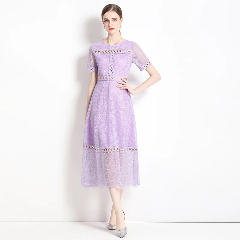 2023 New High Quality Summer Purple Lace Dress Elegant Women O Neck Short Sleeve Metal Circle Splic Hollow Out Flower Midi Dress