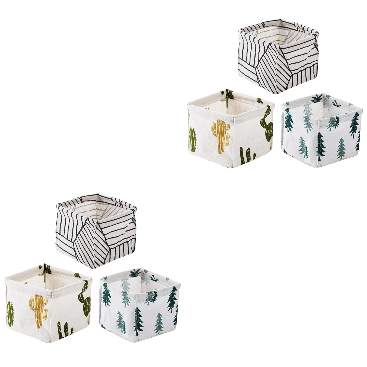 

6 pcs Cotton and Linen Storage Box Desktop Storage Basket Stationery Cloth Organizer (Rhombus Stripe + Cactus + Pine Each 1pc)