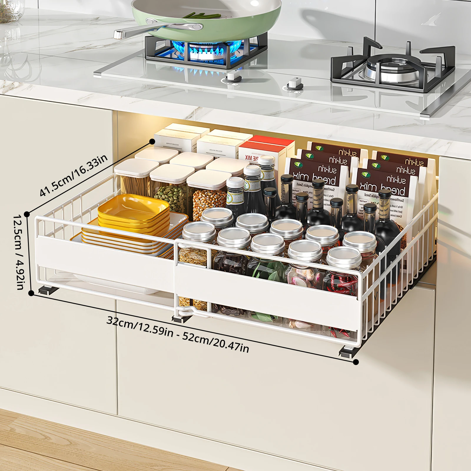 2 Pack Pull Out Cabinet Organizer, Expandable(12"-20") Slide Out Drawers 3 Slide Rails Fix with Adhesive or Screw, Roll Out