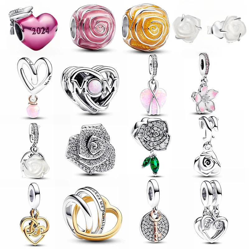 

2024 New Popular Mother's Day 925 Silver Sparkling Rose in Bloom Oversized Charm Suitable Original Beads Women's DIY Jewelry