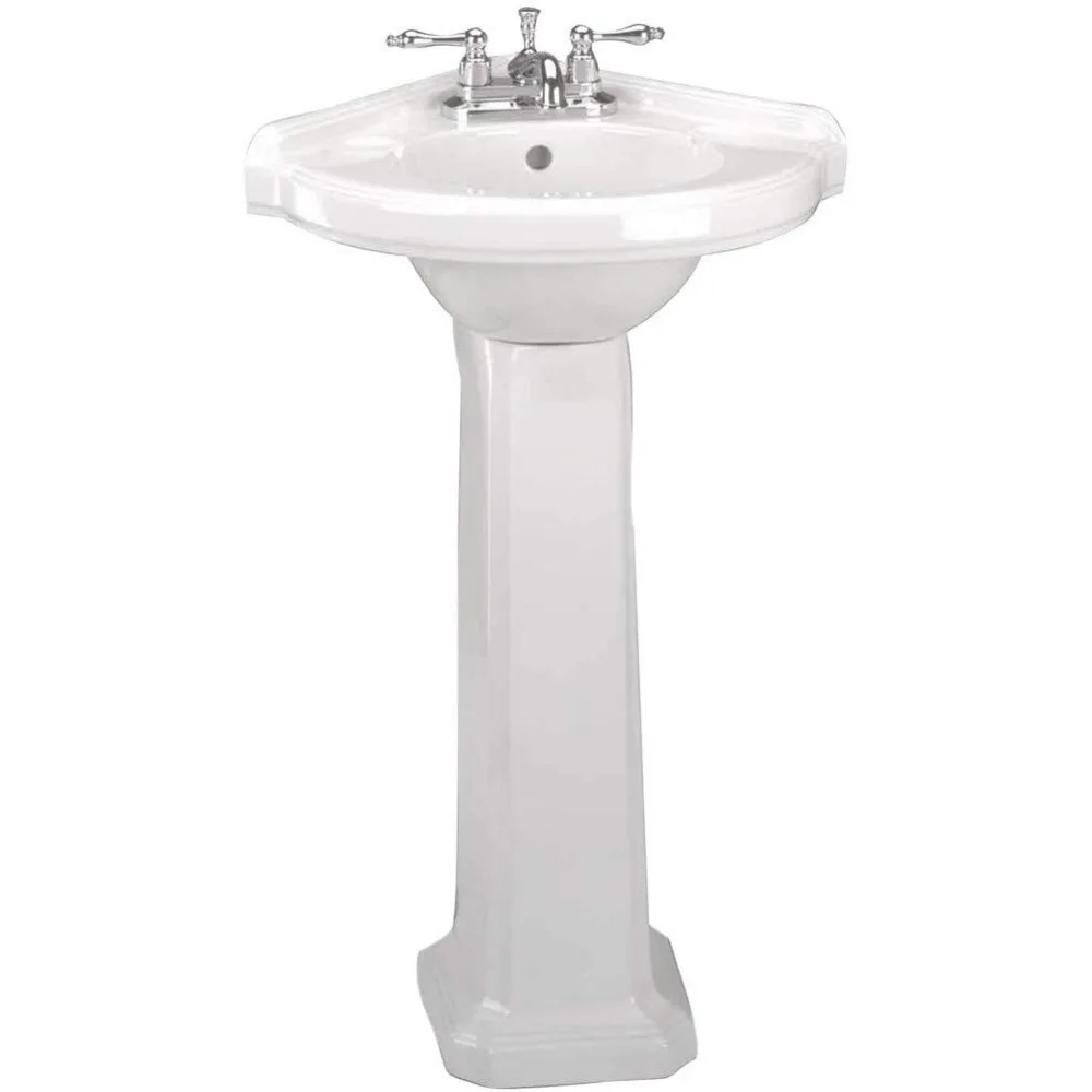 22" Corner Pedestal Bathroom Sink in White, with Overflow and Pre，Drilled 4" Centerset Faucet Holes, Easy，Clean Design 2