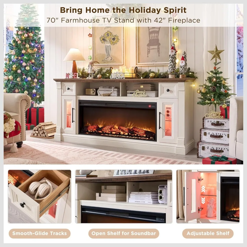 Fireplace TV Stand for 80 Inch TV - Farmhouse Entertainment Center with 42" Electric Fireplace & LED Lights,for Living Room 5