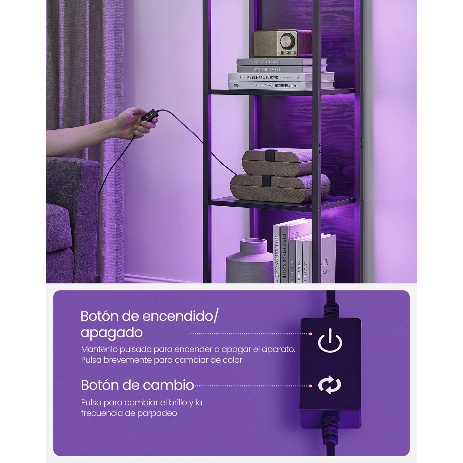 Scaffale VASAGLE 6 Ripiani Con Luci LED Dimmerabili - Libreria Moderna Acciaio E Legno 178cm, Nero - Foto 10