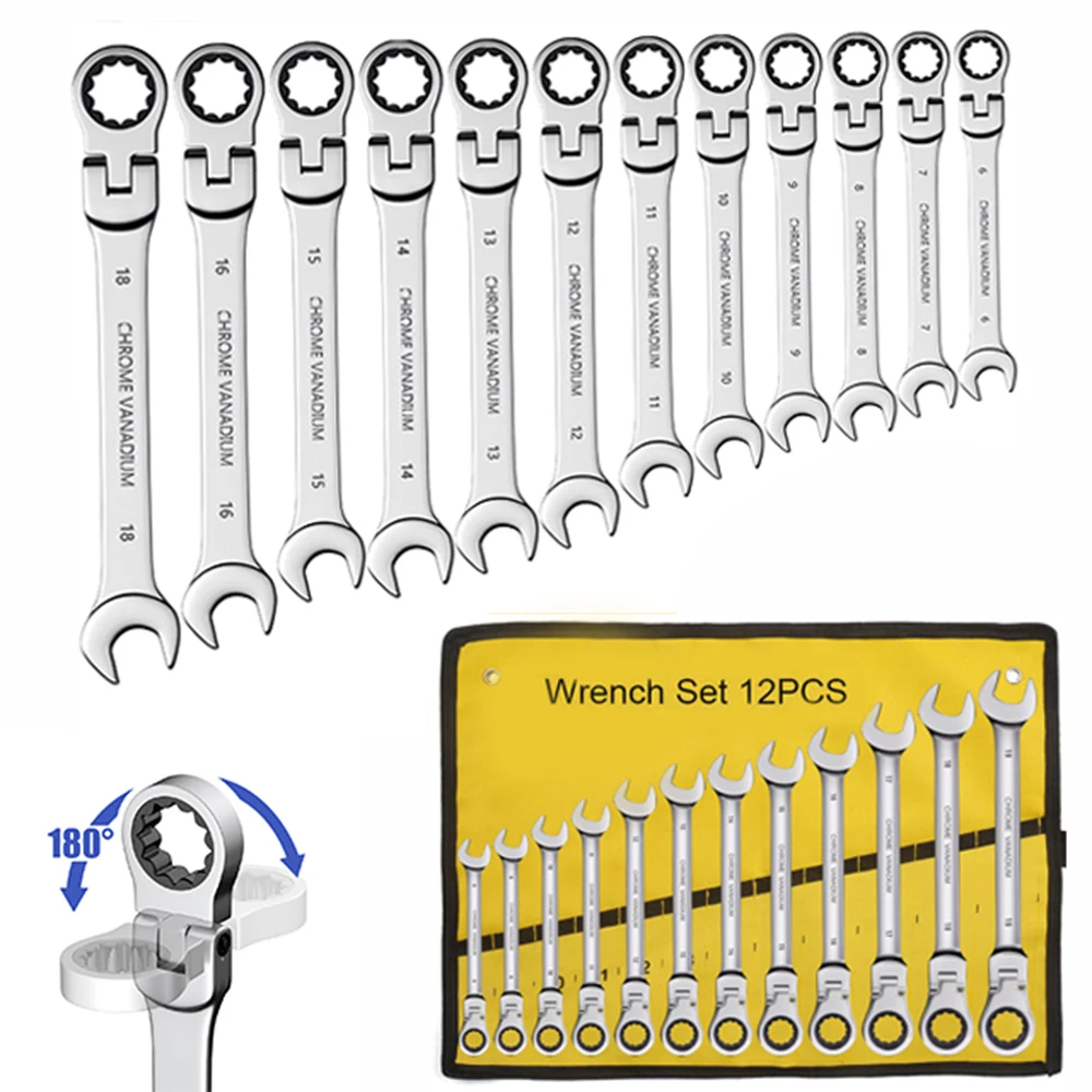 

1set Flex Head Ratcheting Wrench Set- Metric Ratchet Combination Wrenches CrV Gear Spanner Set Car Key Wrench Repair Tool Set