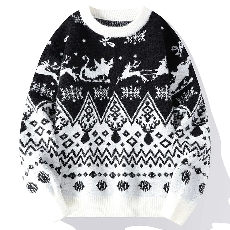 3 Colors!2023 Couple Sweater Men's Christmas New Year Trend Printed Round Neck Pullovers Oversize Couple Christmas Sweaters