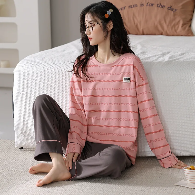 

SUO&CHAO Spring Autumn Loose Casual Pajamas Sets For Womens Long Sleeve Round Neck Tops And Long Pants Cartoon Print Nightgown