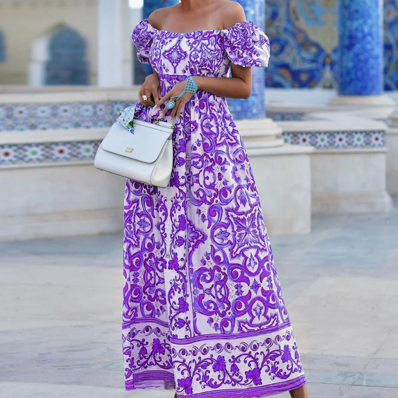

Women Sexy Bohemian Print Off Shoulder Dress 2023 Spring Autumn New Dress Women's Fashion Short Sleeve Backless Slash Neck Dress