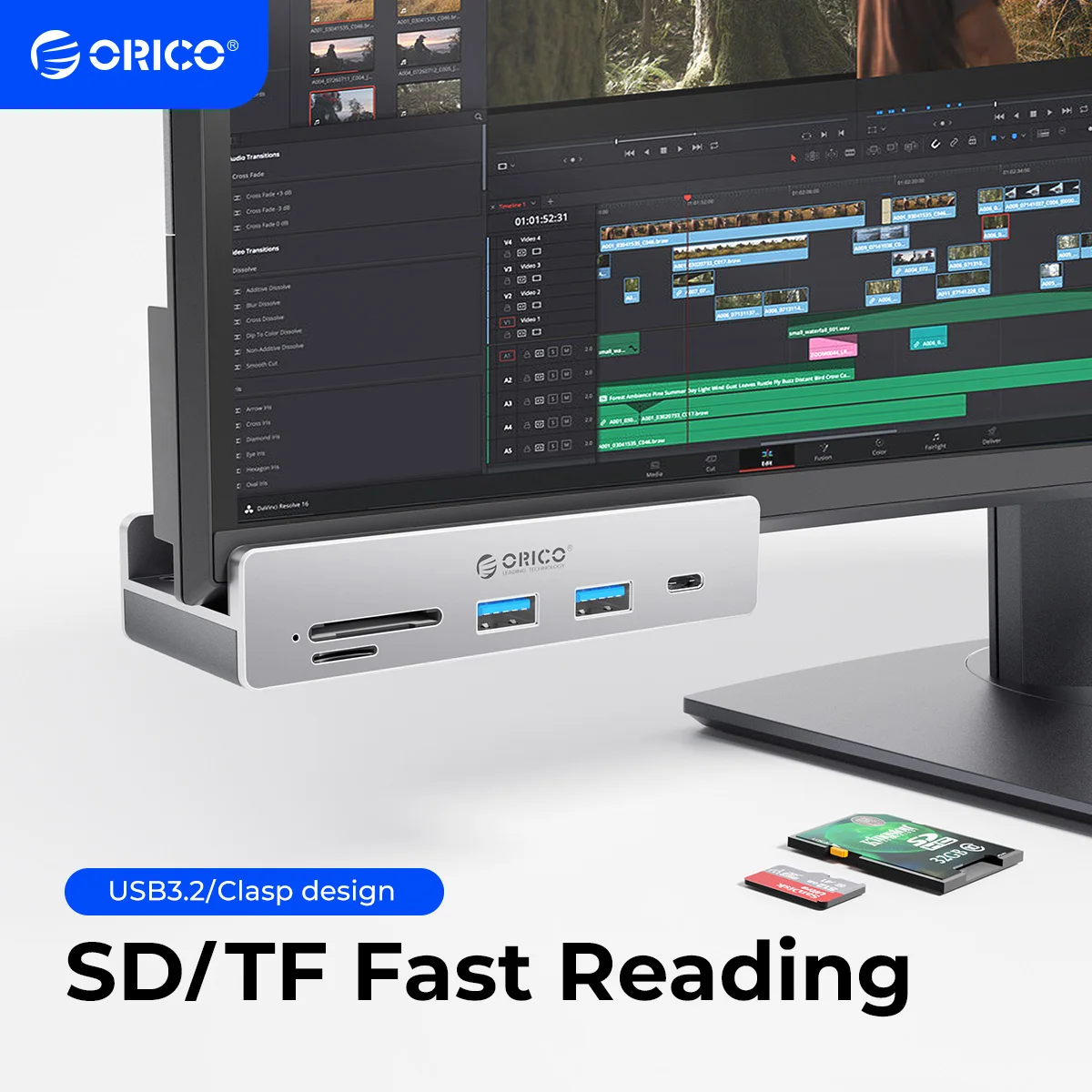 Orico-usb 3.2 Hub Expansão de Portas com Conector de Alimentação Protocolo 10gbps Transmissão de Alta Velocidade sd Cartão tf Leitura Rápida