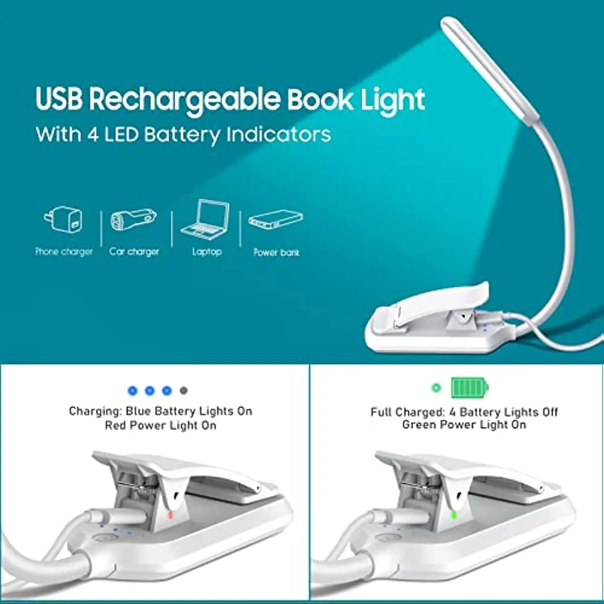 9 LED Book Light USB Rechargeable Clip on Reading Light with Touch Sensor 3 Color Dimming Book Bed Night Reading