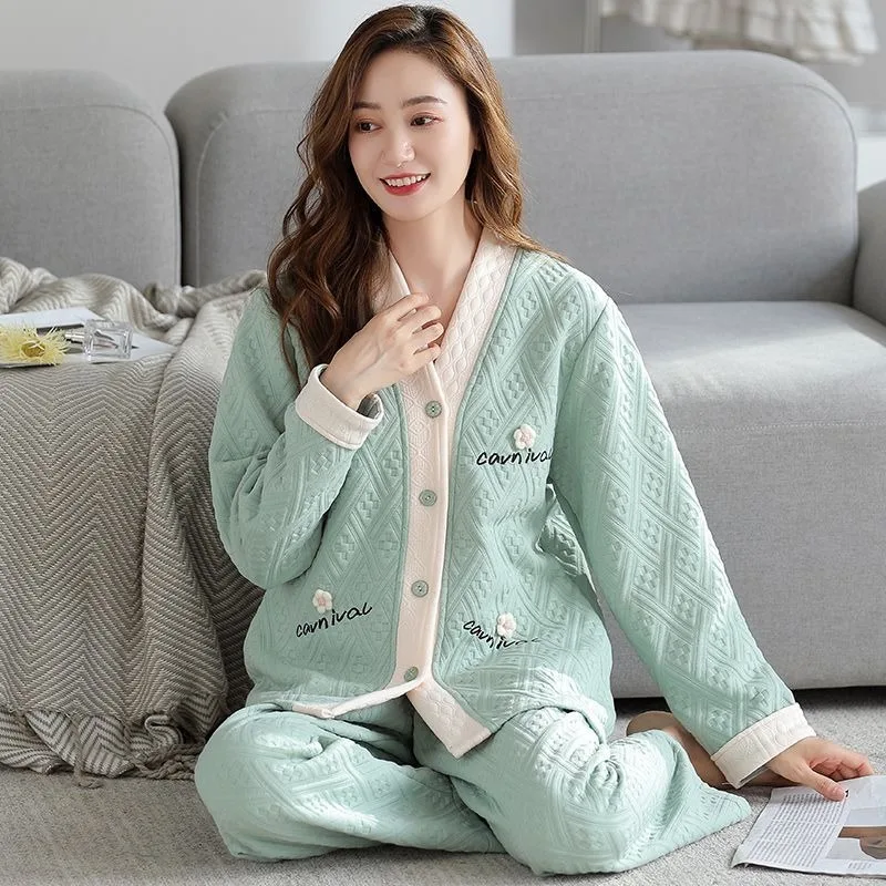 2023 New Sleepwear Women's Autumn Winter Thick Loungewear Pure Cotton Interlayer Air Cotton Sleepwear V-neck Warm Homewear Set