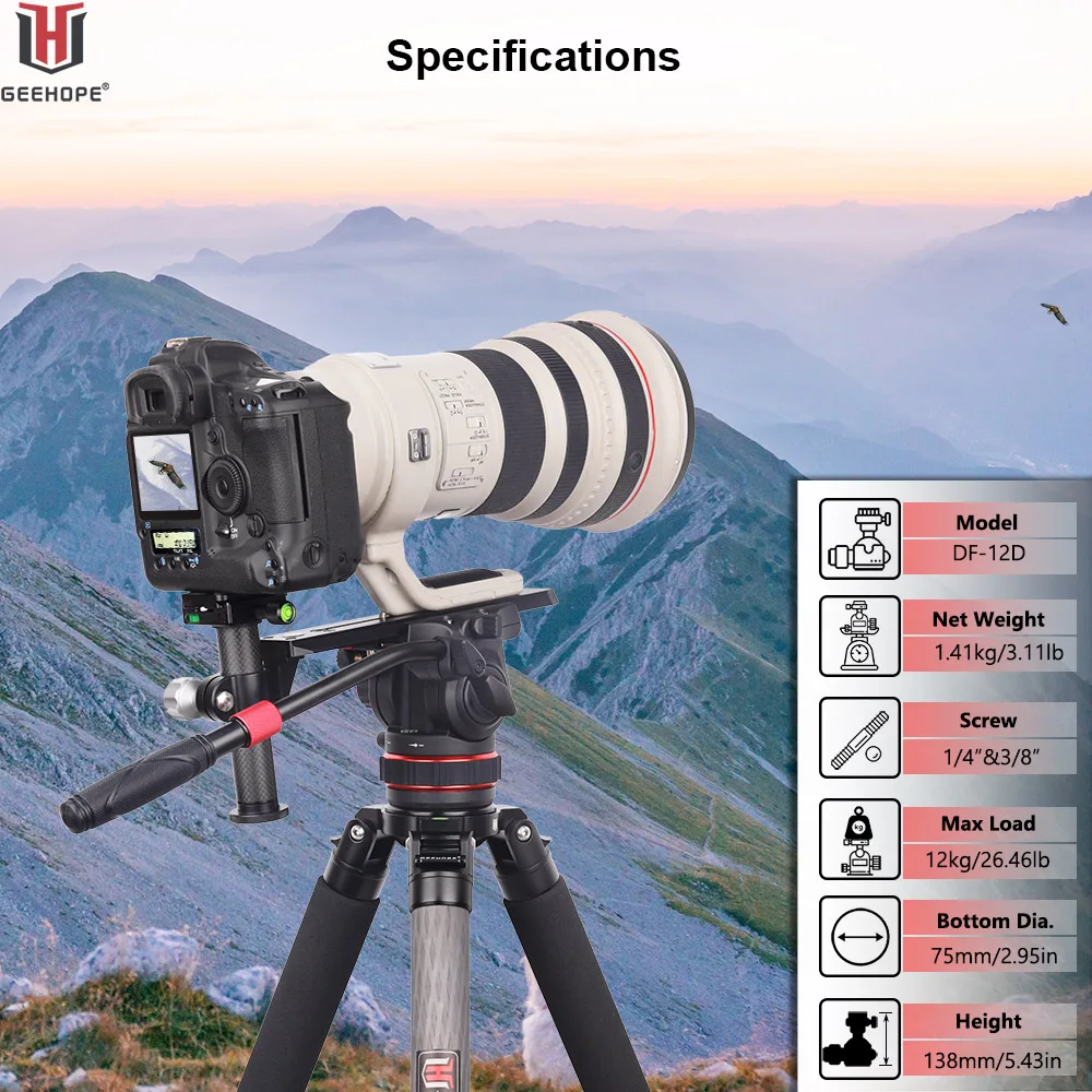 GEEHOPE DF-12D Tripod Fluid Head with Flat Base and Adjustable Handle, for Tripod, Monopod, Video Cameras and DSLR, Maxload 12kg