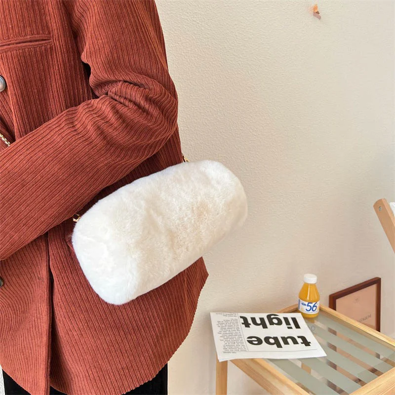 Women's New Crossbody Bag Retro Senior Sense Rex Rabbit Hair Cylinder Bag Fashion Chain One Shoulder Bag Charm Women's Bag