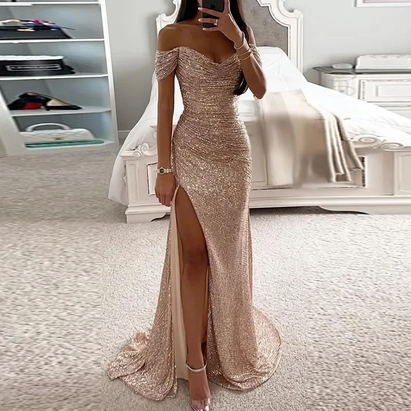 MisShow Women Sequin Prom Dresses Elegant Off-Shoulder Mermaid Slit Evening Party Maxi Gowns robes de soir&eacute;e