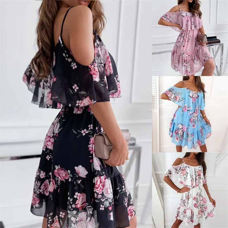 Chiffon Spaghetti Strap Floral Print Off Shoulder Sundress