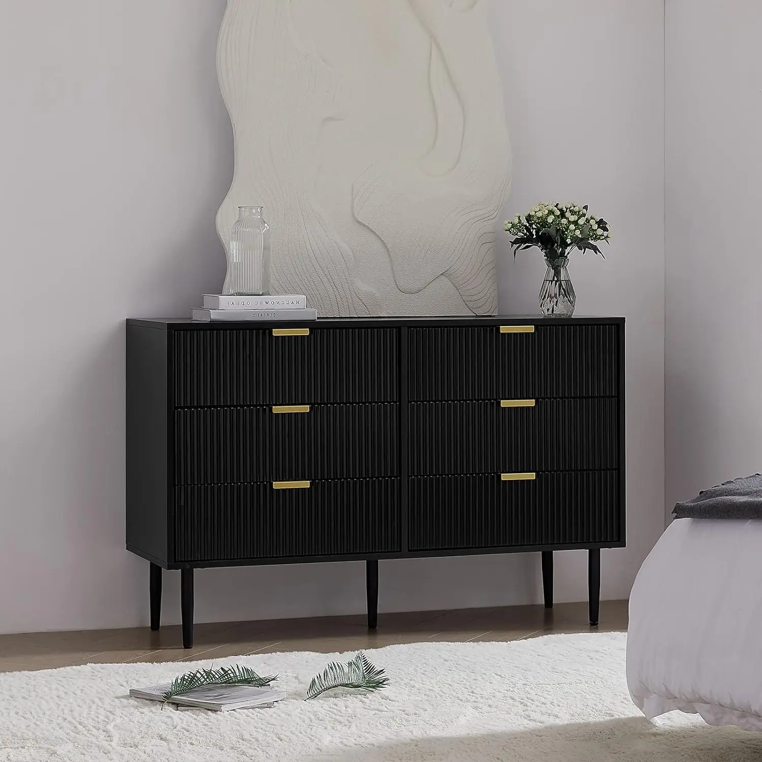 Okvnbjk Black Dresser for Bedroom, Modern 6 Drawer Dresser with Metal Handles, Small Wood Dresser Chest, Wide Storage Closet