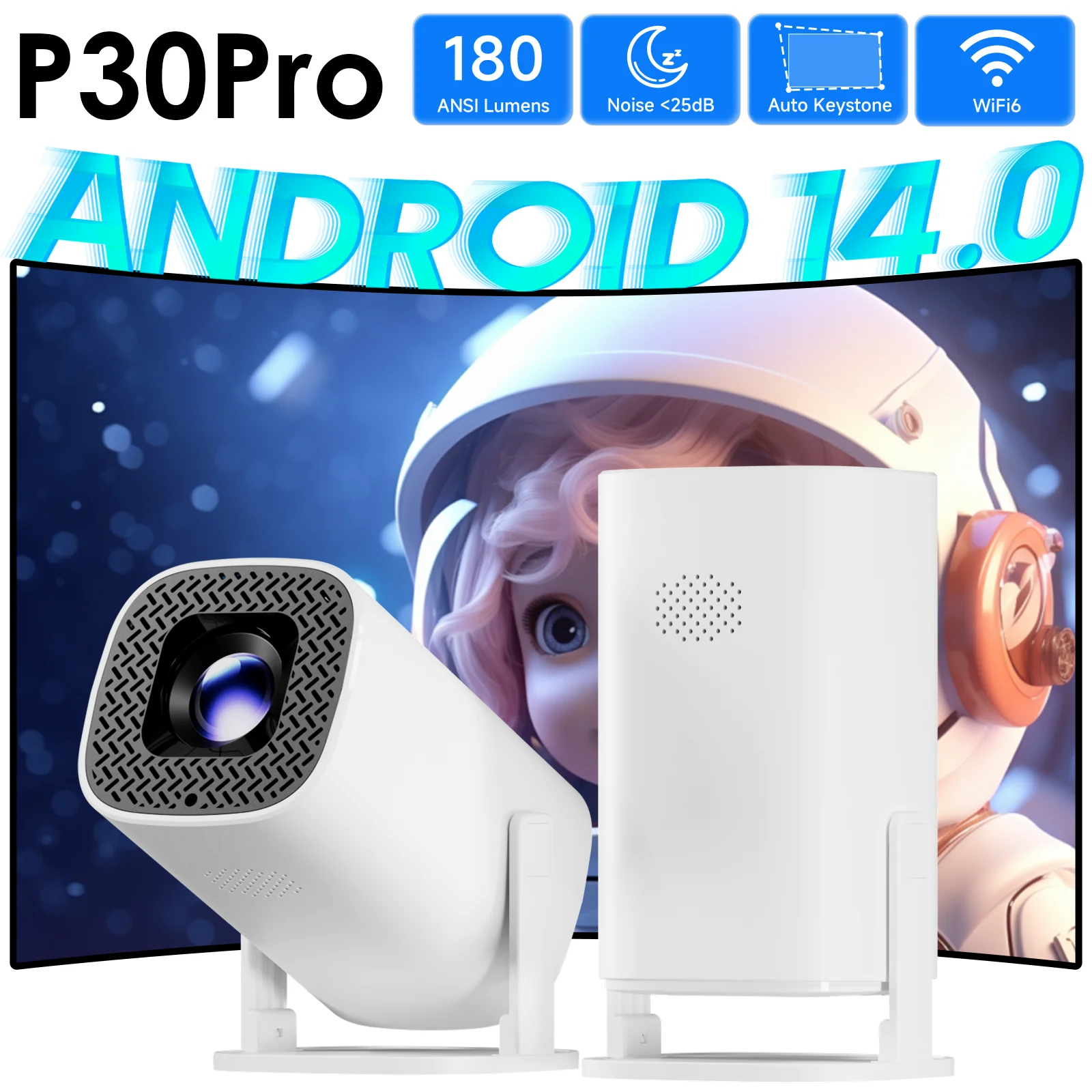 P30PRO Android 14 Mini proiettore intelligente Supporta video HD 4K WiFi 6 BT5.0 Proiettore portatile esterno per home theater nativo 720p