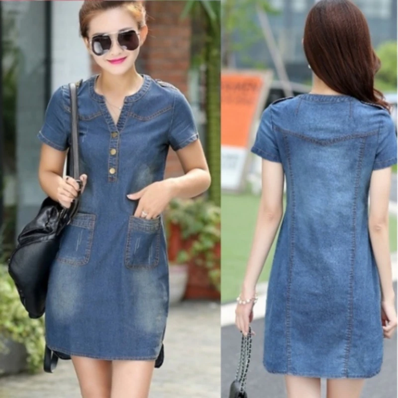

Women Casual Denim Dresses Loose Button Women V-Neck Short Sleeve Fashion Slim Jeans Dress With Pockets Vestidos Clothing