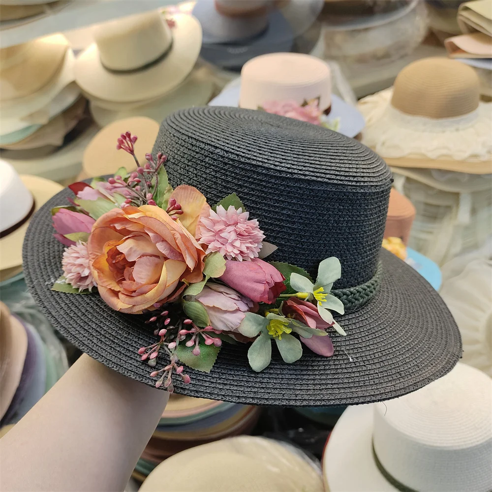 Summer Boho Shell Panama Sun Hat In Rose Panama Fray - Natural Hand Woven Fray Straw Hat With Rose  main image 2
