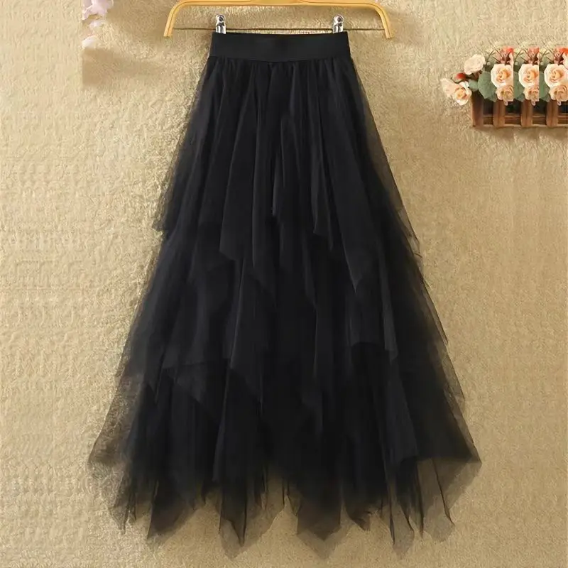 Description Picture 6 of itemTulle Skirts for Women 3 Layered High Low Asymmetrical Midi Length Elastic Waist A-line Mesh Tutu Skirt White Black Pink Gray