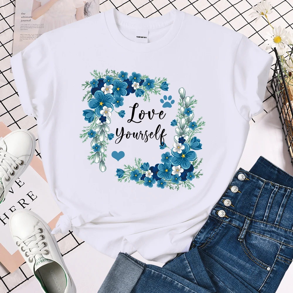

90's Fashion Women T-Shirt Flower Love Yourself Graphic Short Sleeve Tops Summer T-Shirt Clothing