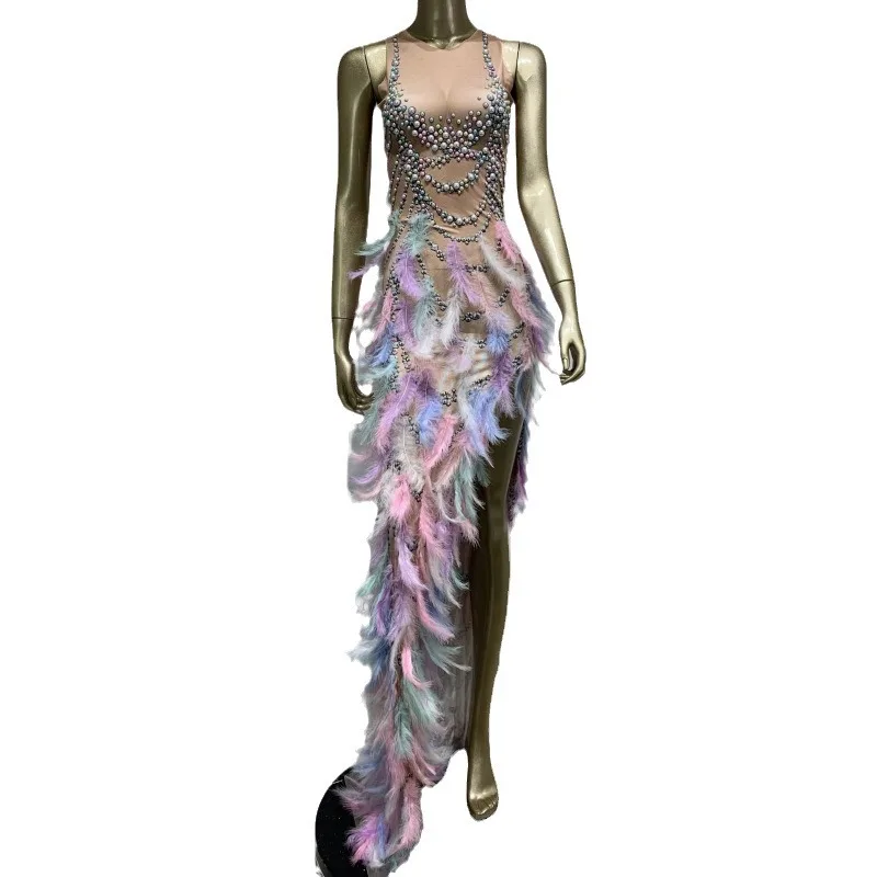 

Colorful Pearl Feather Elastic Hip Long Dress Party Dress Stage Costume