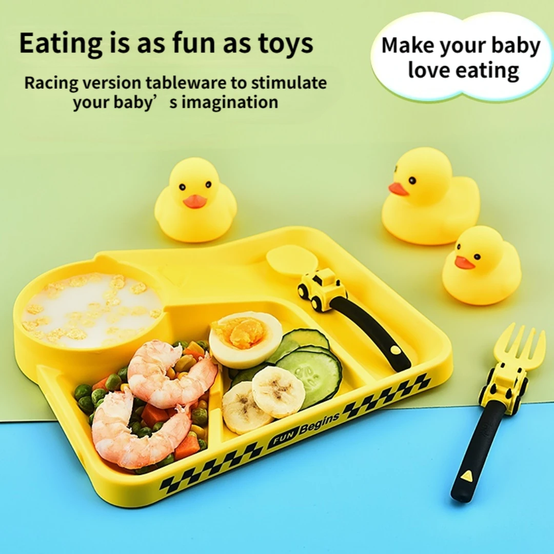 Baby Tableware Set Baby Tableware Set Spoon Fork Dinner Plate Children Racing Version Feeding Tableware Cartoon Car Design BPA Free