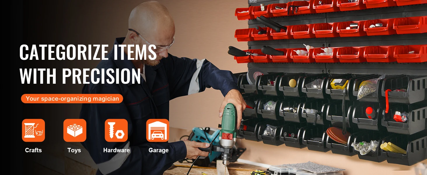 úložné boxy na díly v různých velikostech uspořádané na nástěnných panelech