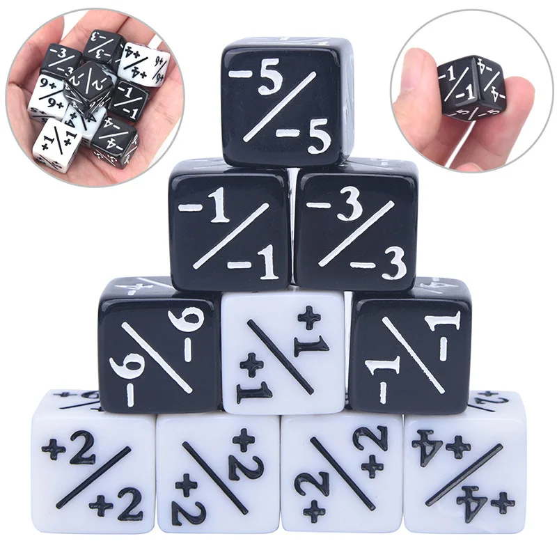 10x Black White 14mm 6 Side Counting Dice +1/-1 Dice Kids Toy For Magic The Gathering Game Counting Counters