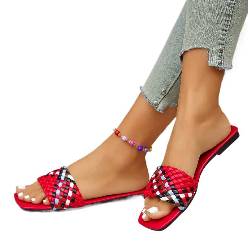 Women's Shoes Open Toe Women's Slippers Outdoor Beach Slippers Women Square Toe Mixed Colors Flat with Plus Size Sandals