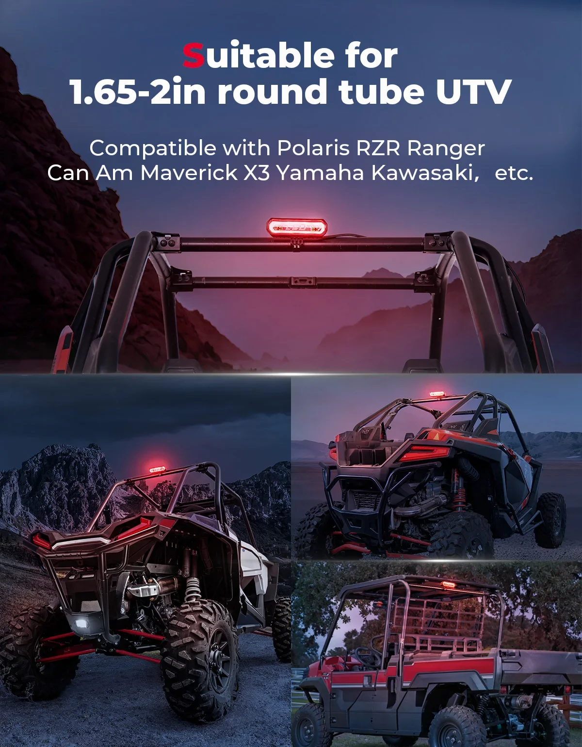 KEMIMOTO UTV 체이스 LED 테일 라이트, 캔암 매버릭 X3 용 브레이크 라이트, 폴라리스 RZR 1000 XP 800 900 호환, 1.75-2 인치, 5 가지 모드